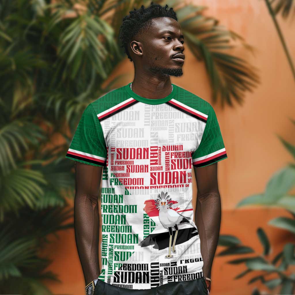 Personalized Sudan T shirt Secretary Bird With Typography Patterns - African Pride