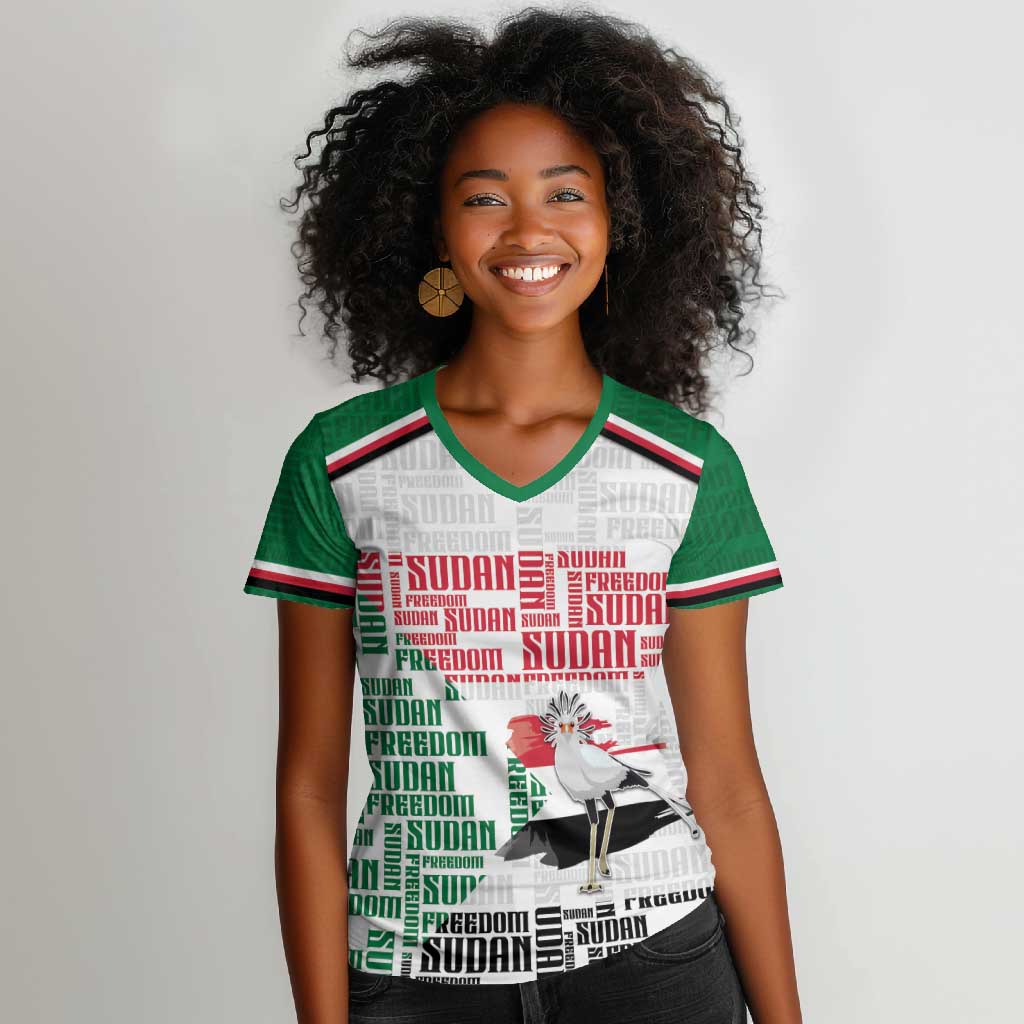 Personalized Sudan Women V-Neck T-Shirt Secretary Bird With Typography Patterns - African Pride