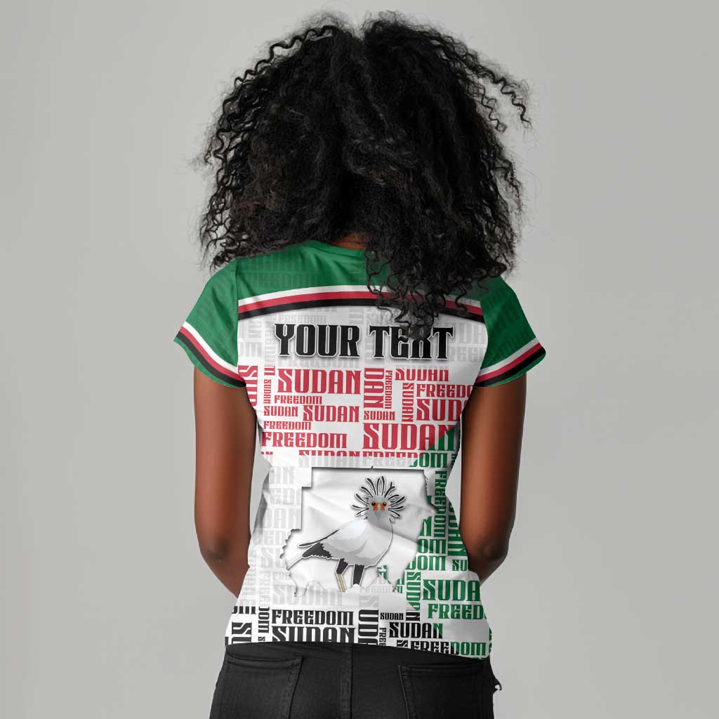 Personalized Sudan Women V-Neck T-Shirt Secretary Bird With Typography Patterns - African Pride