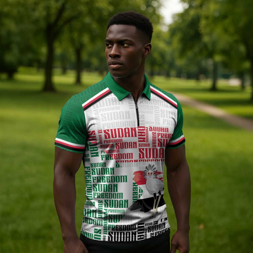 Personalized Sudan Zipper Polo Shirt Secretary Bird With Typography Patterns - African Pride