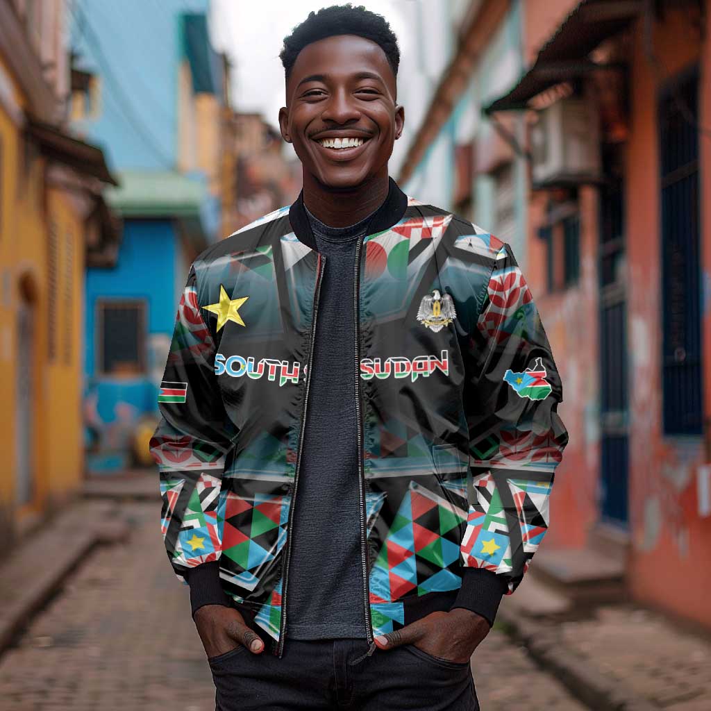 Custom South Sudan Bomber Jacket Geometric African Patterns - African Pride