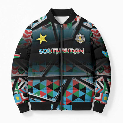Custom South Sudan Bomber Puffer Jacket Geometric African Patterns - African Pride