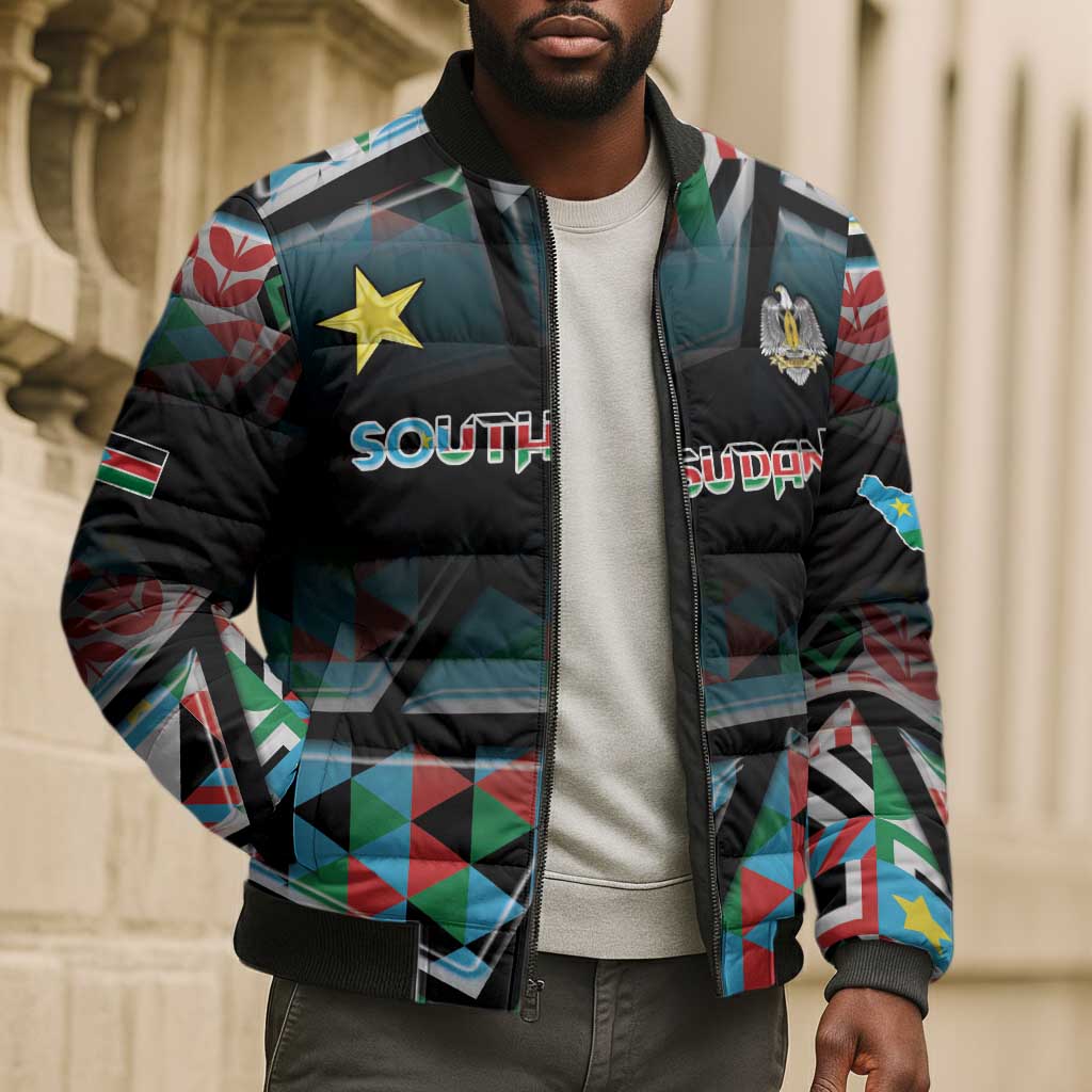 Custom South Sudan Bomber Puffer Jacket Geometric African Patterns - African Pride