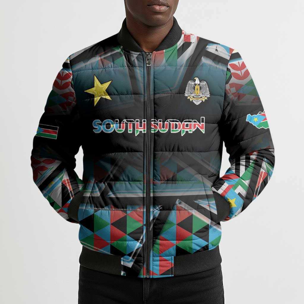 Custom South Sudan Bomber Puffer Jacket Geometric African Patterns - African Pride