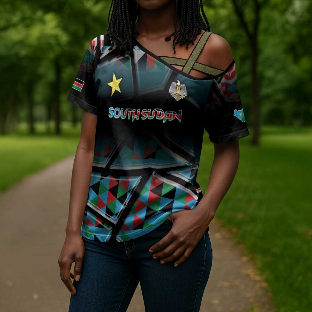 Custom South Sudan Cross Shoulder Shirt Geometric African Patterns - African Pride