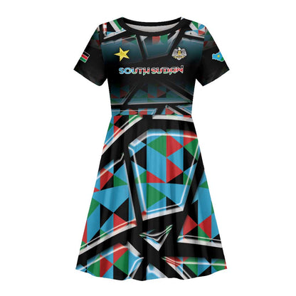 Custom South Sudan Kid Short Sleeve Dress Geometric African Patterns - African Pride