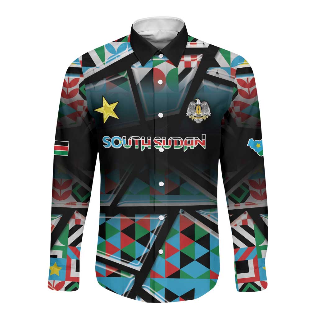 Custom South Sudan Long Sleeve Button Shirt Geometric African Patterns - African Pride