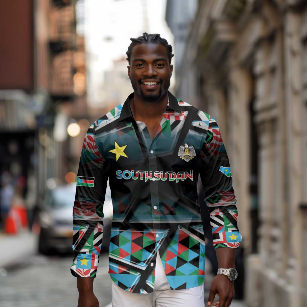 Custom South Sudan Long Sleeve Button Shirt Geometric African Patterns - African Pride