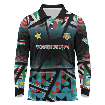 Custom South Sudan Long Sleeve Polo Shirt Geometric African Patterns - African Pride