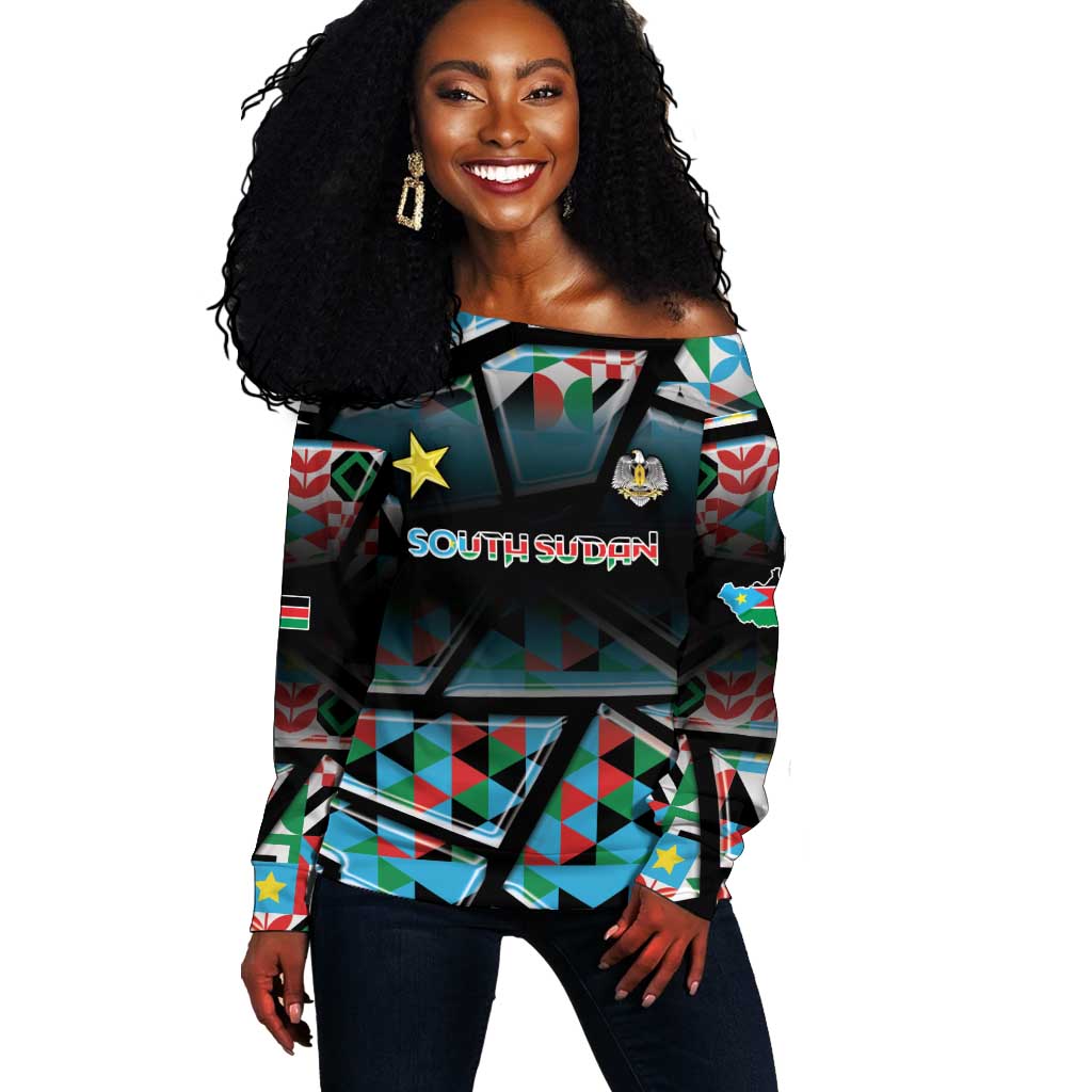 Custom South Sudan Off Shoulder Sweater Geometric African Patterns - African Pride