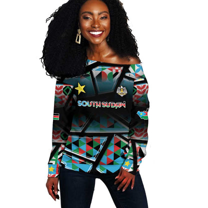 Custom South Sudan Off Shoulder Sweater Geometric African Patterns - African Pride