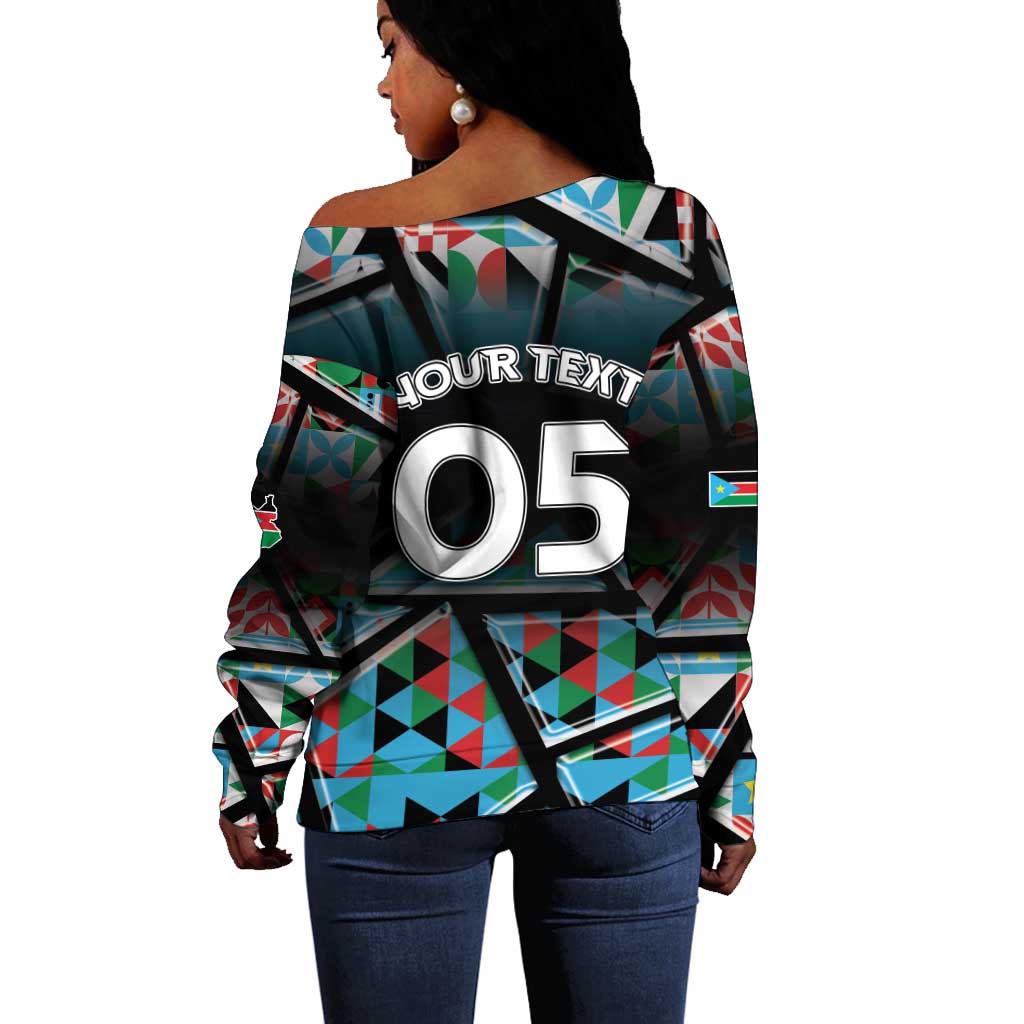 Custom South Sudan Off Shoulder Sweater Geometric African Patterns - African Pride