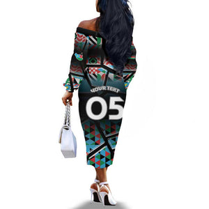 Custom South Sudan Off The Shoulder Long Sleeve Dress Geometric African Patterns - African Pride