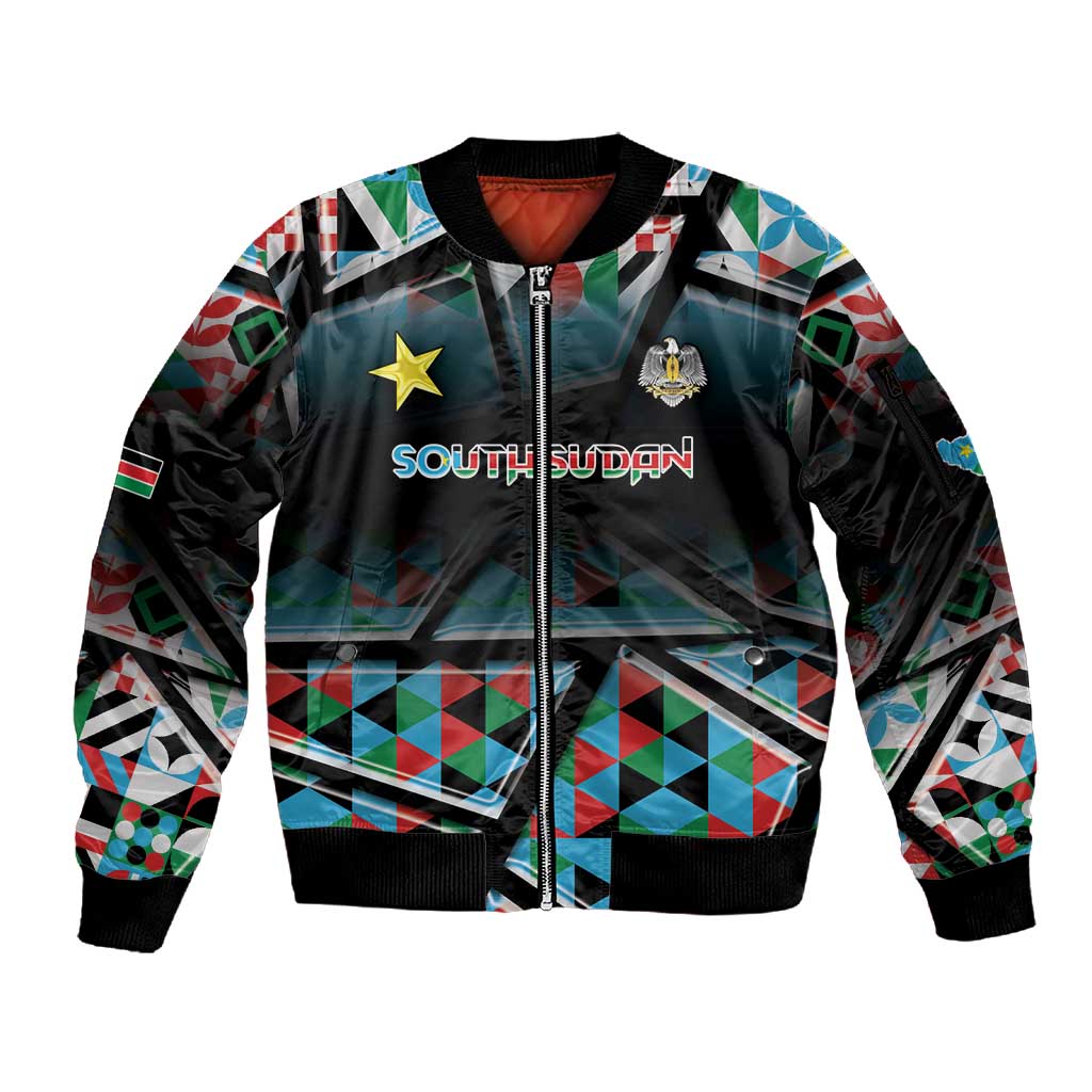 Custom South Sudan Sleeve Zip Bomber Jacket Geometric African Patterns - African Pride