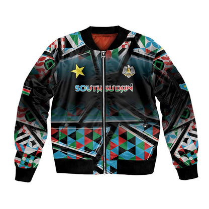 Custom South Sudan Sleeve Zip Bomber Jacket Geometric African Patterns - African Pride