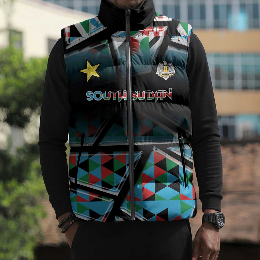 Custom South Sudan Sleeveless Puffer Jacket Geometric African Patterns - African Pride
