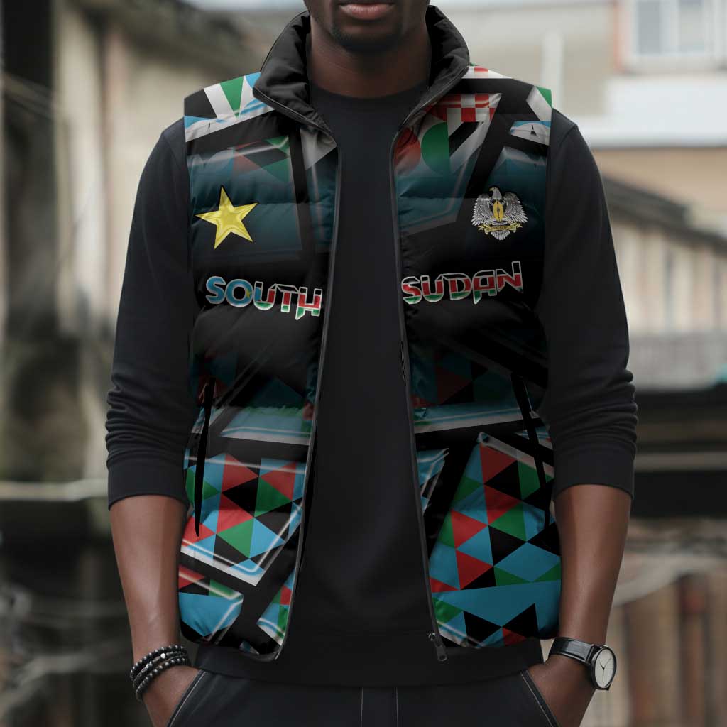 Custom South Sudan Sleeveless Puffer Jacket Geometric African Patterns - African Pride