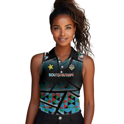 Custom South Sudan Women Sleeveless Polo Shirt Geometric African Patterns - African Pride
