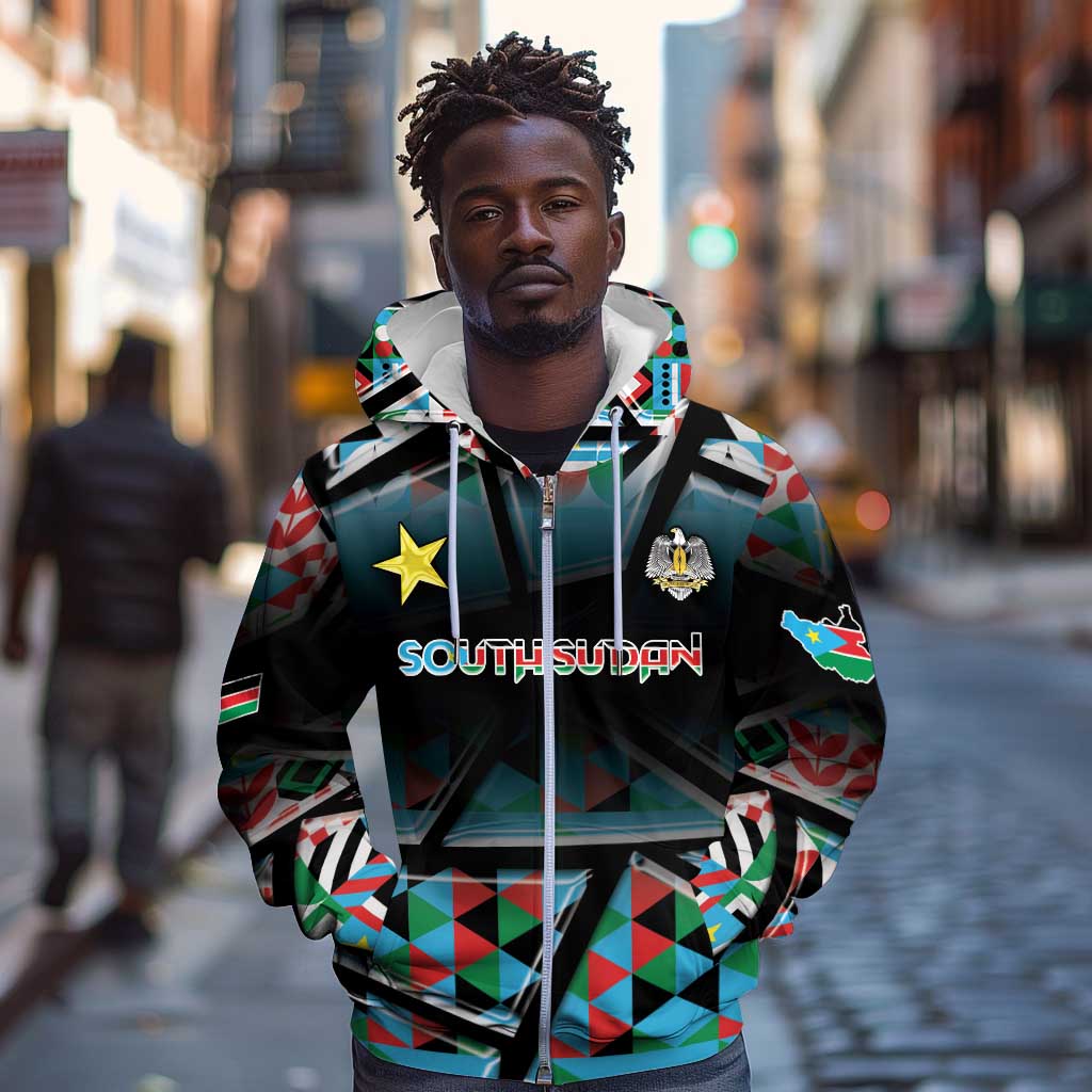 Custom South Sudan Zip Hoodie Geometric African Patterns - African Pride