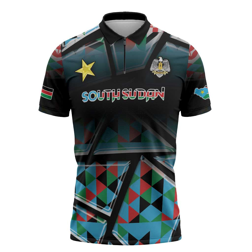 Custom South Sudan Zipper Polo Shirt Geometric African Patterns - African Pride