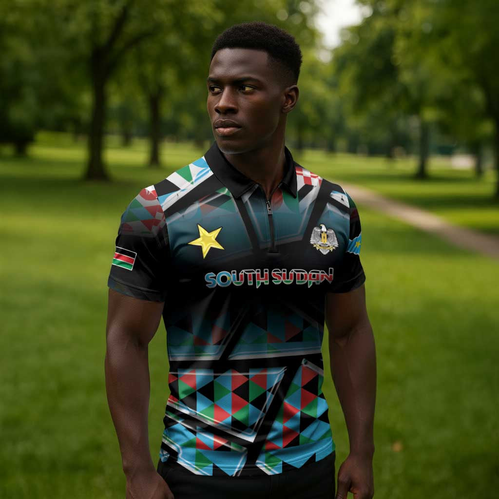 Custom South Sudan Zipper Polo Shirt Geometric African Patterns - African Pride