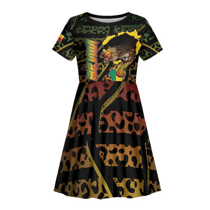 Personalized Benin Kid Short Sleeve Dress Powerful African Leopard - African Pride