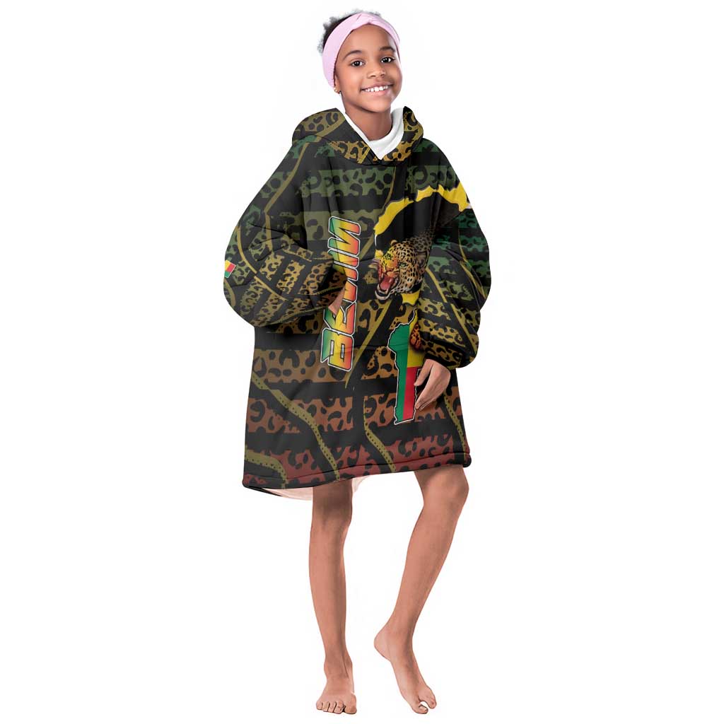 Personalized Benin Kid Wearable Blanket Hoodie Powerful African Leopard - African Pride