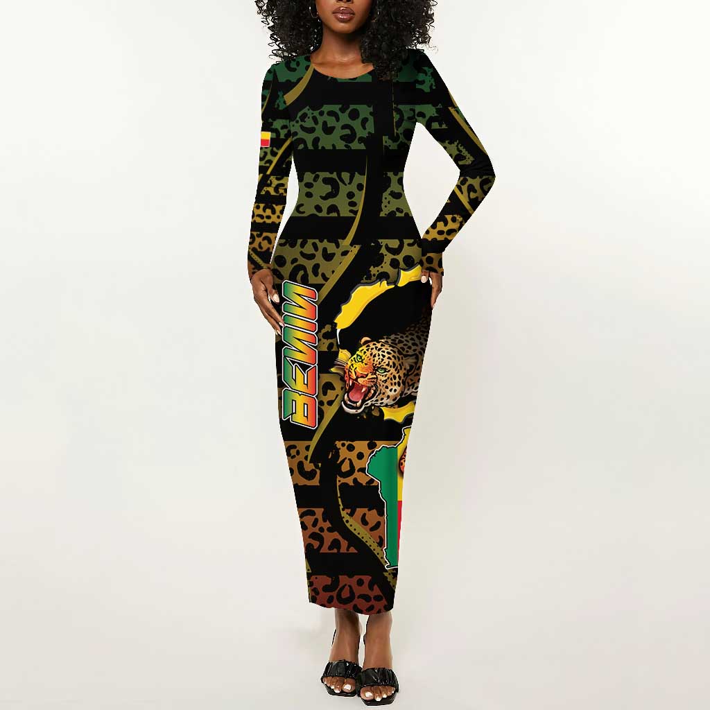 Personalized Benin Long Sleeve Bodycon Dress Powerful African Leopard - African Pride