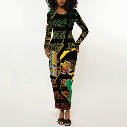 Personalized Benin Long Sleeve Bodycon Dress Powerful African Leopard - African Pride