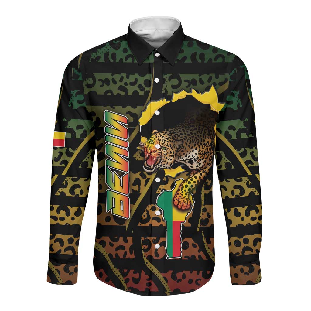 Personalized Benin Long Sleeve Button Shirt Powerful African Leopard - African Pride