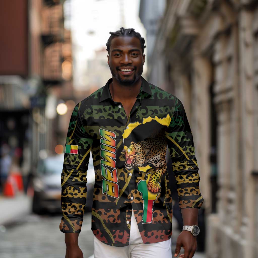Personalized Benin Long Sleeve Button Shirt Powerful African Leopard - African Pride