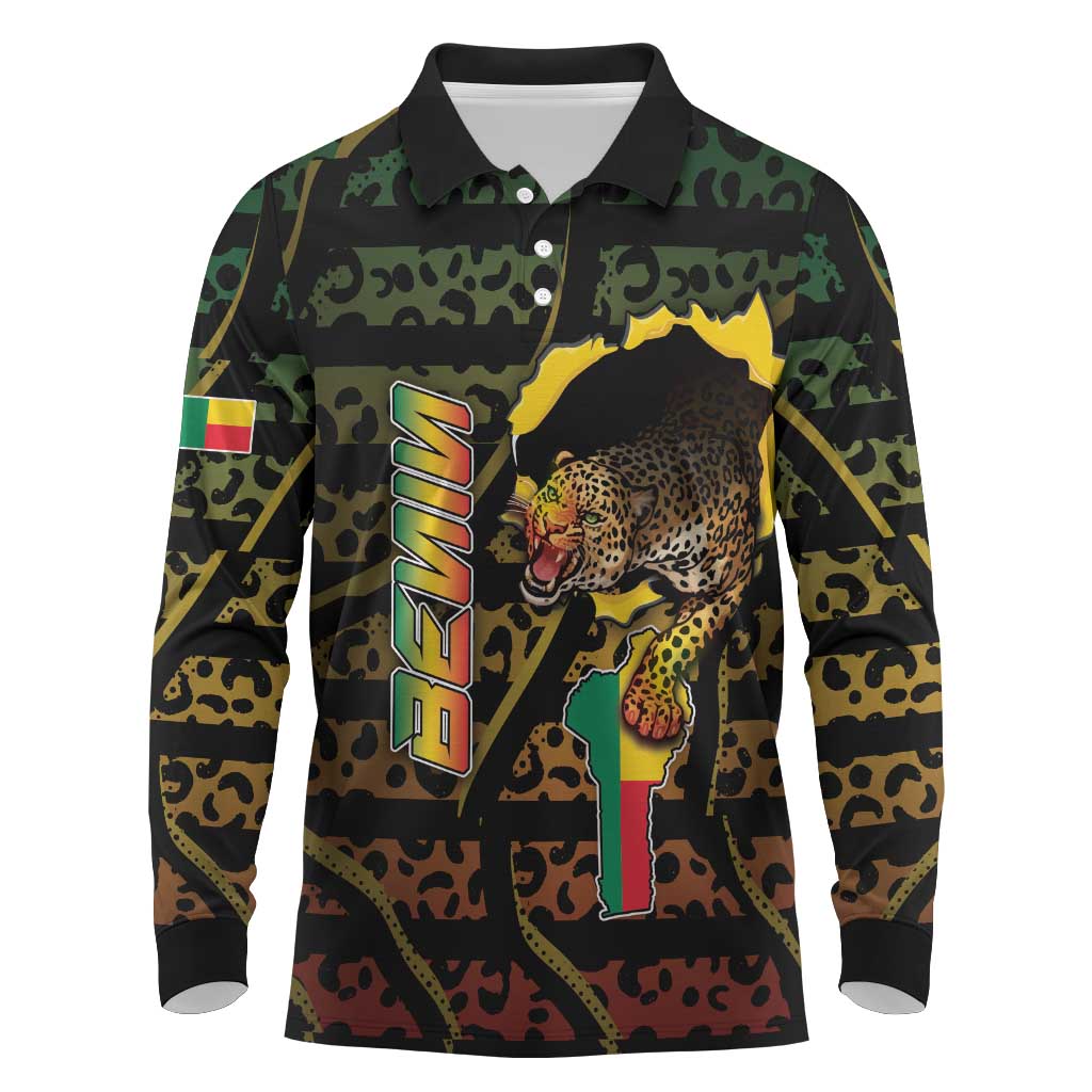 Personalized Benin Long Sleeve Polo Shirt Powerful African Leopard - African Pride