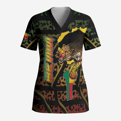 Personalized Benin Scrub Top Powerful African Leopard - African Pride