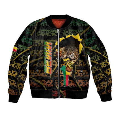 Personalized Benin Sleeve Zip Bomber Jacket Powerful African Leopard - African Pride
