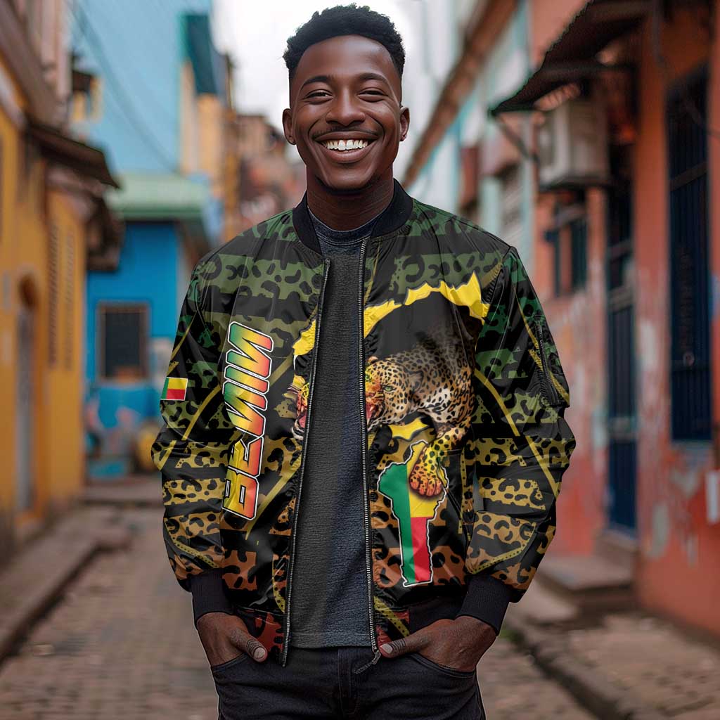 Personalized Benin Sleeve Zip Bomber Jacket Powerful African Leopard - African Pride