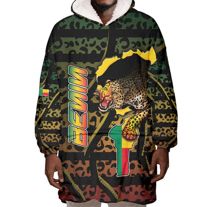 Personalized Benin Wearable Blanket Hoodie Powerful African Leopard - African Pride