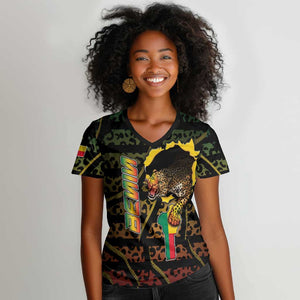 Personalized Benin Women V-Neck T-Shirt Powerful African Leopard - African Pride