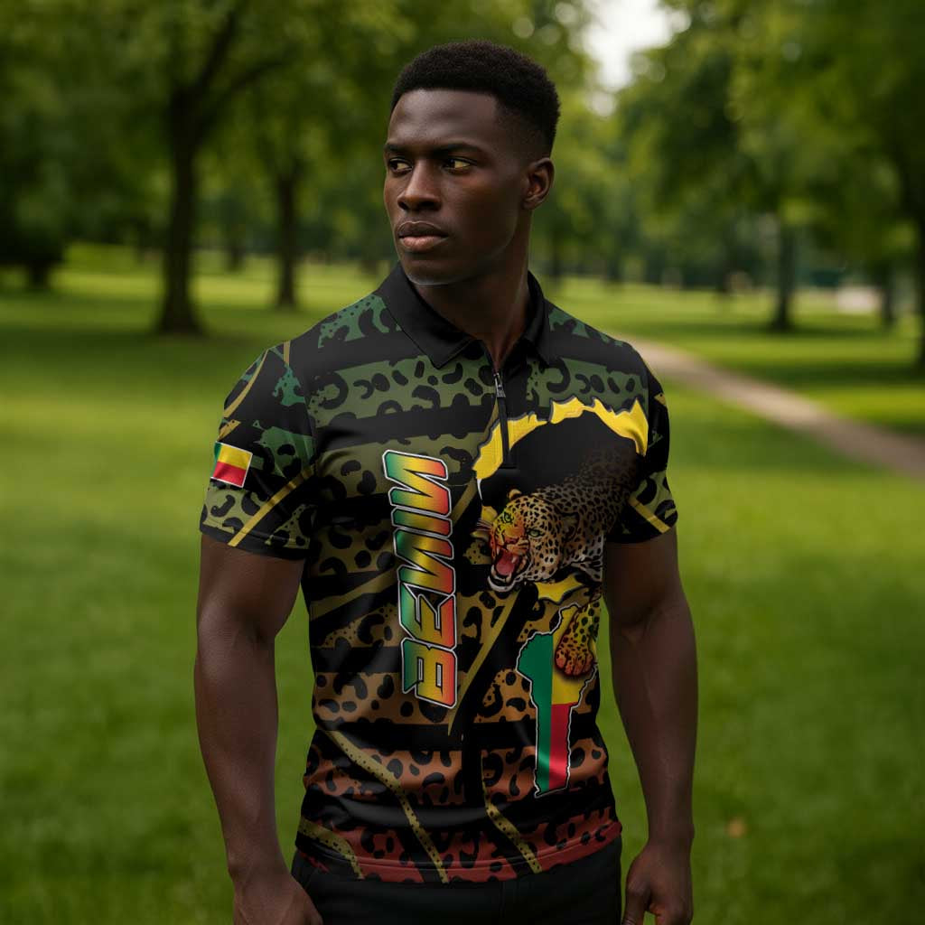 Personalized Benin Zipper Polo Shirt Powerful African Leopard - African Pride