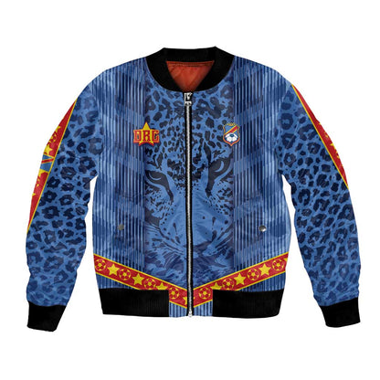 Custom DR Congo Football Bomber Jacket Leopard Jaguar Tribal Pattern With Flags