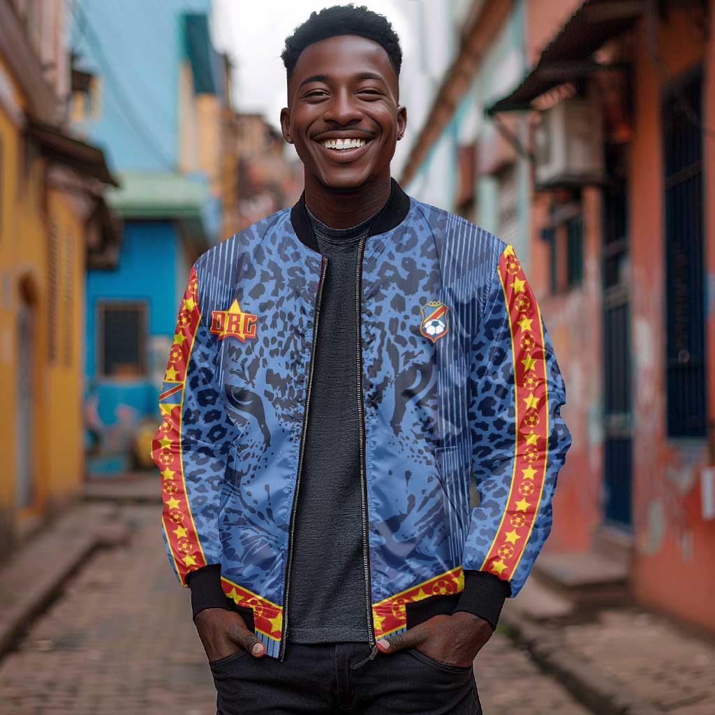 Custom DR Congo Football Bomber Jacket Leopard Jaguar Tribal Pattern With Flags