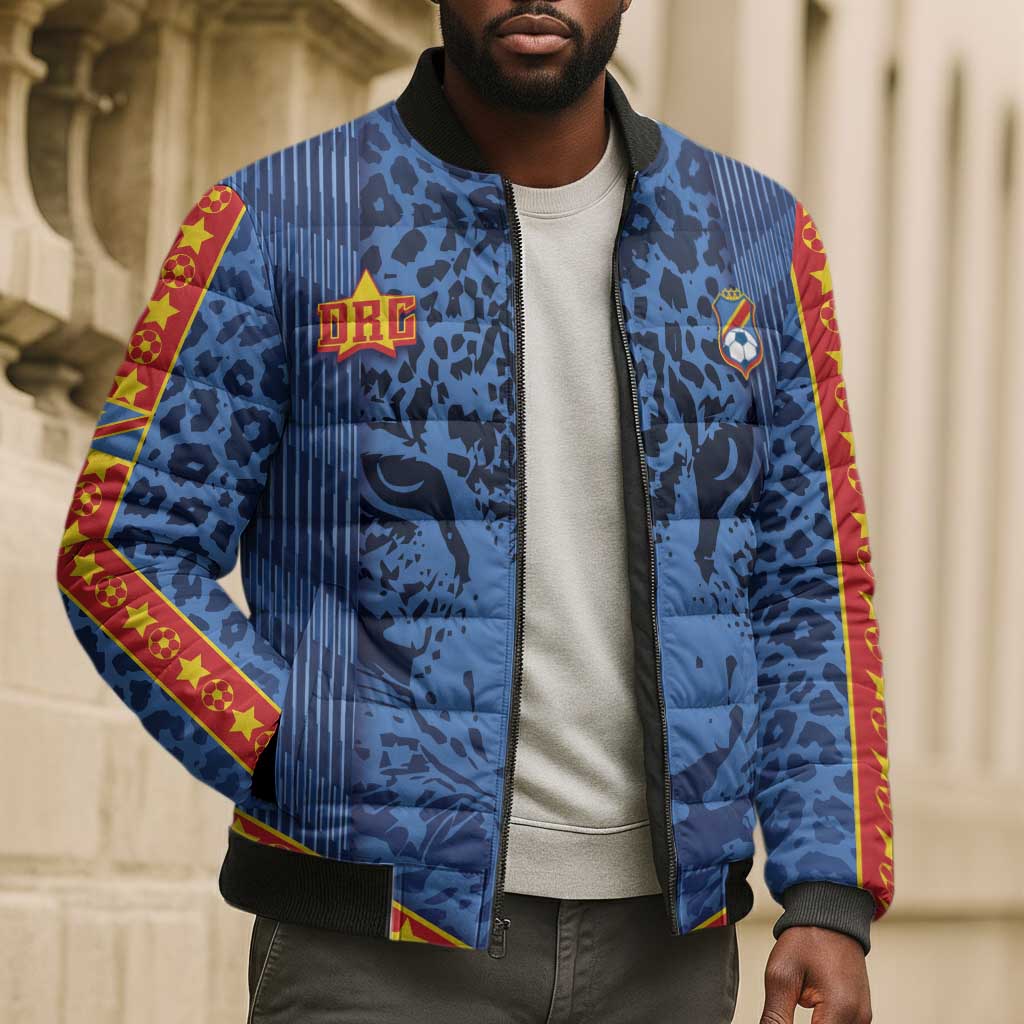 Custom DR Congo Football Bomber Puffer Jacket Leopard Jaguar Tribal Pattern With Flags