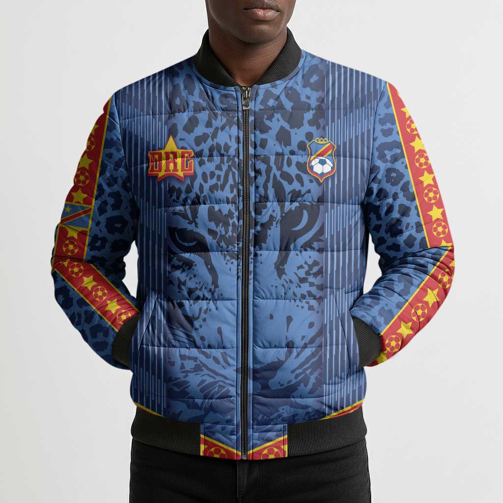 Custom DR Congo Football Bomber Puffer Jacket Leopard Jaguar Tribal Pattern With Flags
