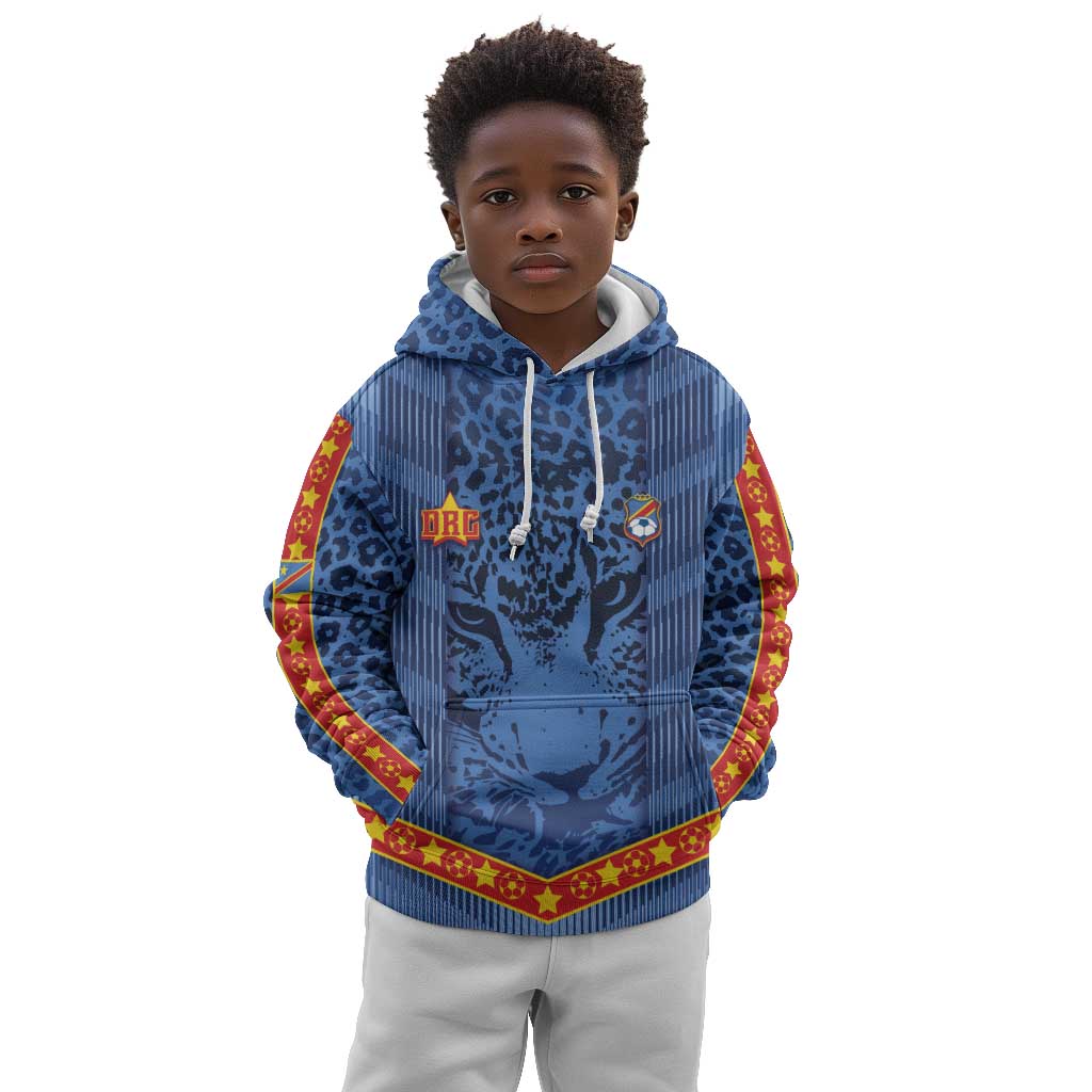 Custom DR Congo Football Kid Hoodie Leopard Jaguar Tribal Pattern With Flags