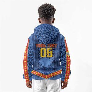 Custom DR Congo Football Kid Hoodie Leopard Jaguar Tribal Pattern With Flags