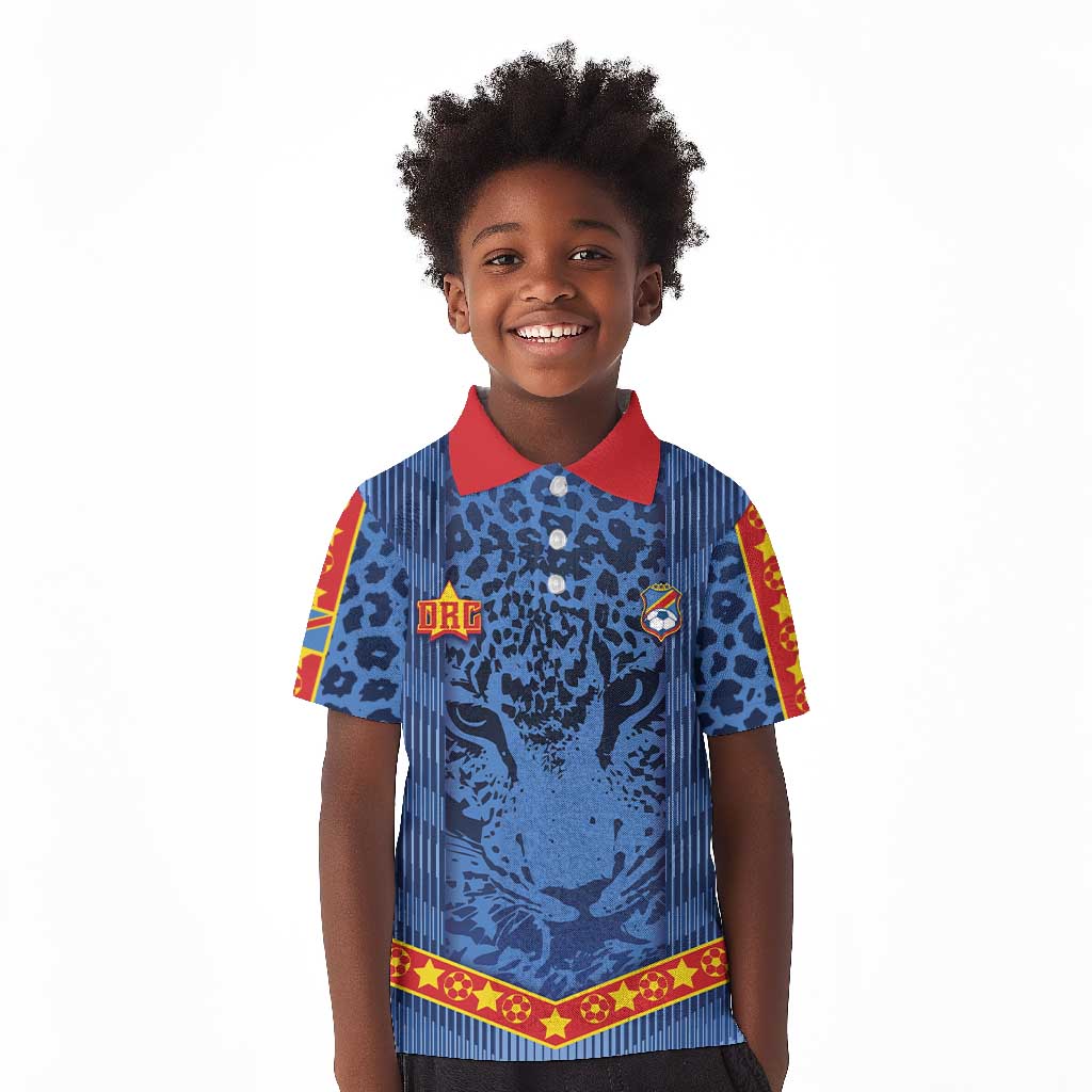 Custom DR Congo Football Kid Polo Shirt Leopard Jaguar Tribal Pattern With Flags