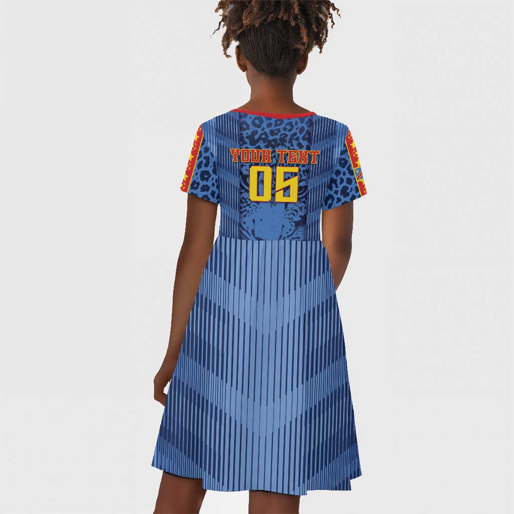 Custom DR Congo Football Kid Short Sleeve Dress Leopard Jaguar Tribal Pattern With Flags