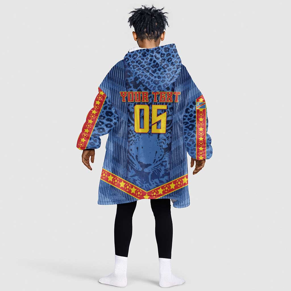 Custom DR Congo Football Kid Wearable Blanket Hoodie Leopard Jaguar Tribal Pattern With Flags