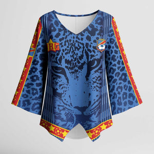 Custom DR Congo Football Kimono Sleeve Blouse Leopard Jaguar Tribal Pattern With Flags
