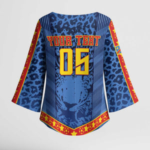 Custom DR Congo Football Kimono Sleeve Blouse Leopard Jaguar Tribal Pattern With Flags
