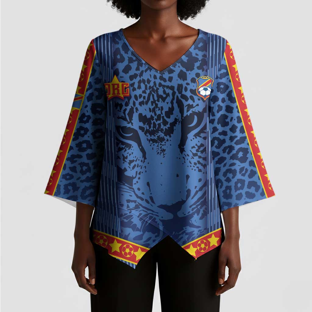 Custom DR Congo Football Kimono Sleeve Blouse Leopard Jaguar Tribal Pattern With Flags